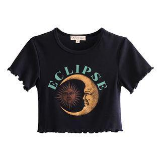 Sun Crescent Print Lettuce Edge Cropped T-shirt