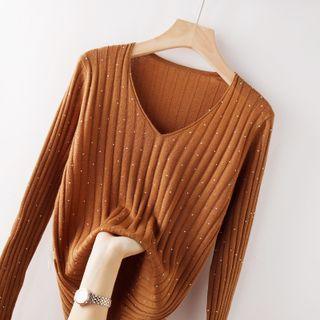 V-neck Glitter Ribbed Knit Top