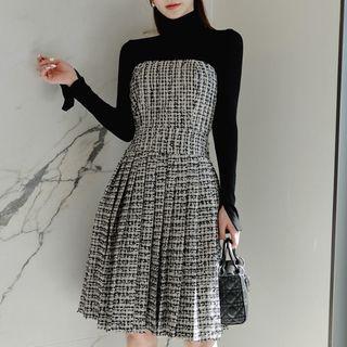 Set: Turtleneck Knit Top + Strapless Plaid A-line Dress