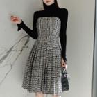 Set: Turtleneck Knit Top + Strapless Plaid A-line Dress
