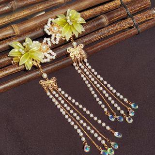 Set Of 2: Flower Faux Pearl Hair Clip Green - One Size