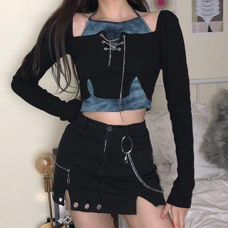 Mock Two-piece Tie-dye Print Panel Cropped T-shirt