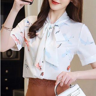 Floral Print Bow Accent Chiffon Blouse
