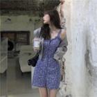 Spaghetti-strap Floral Print Mini A-line Dress Purple - One Size