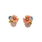 Fashion And Elegant Plated Gold Enamel Pink Flower Stud Earrings With Cubic Zirconia Golden - One Size