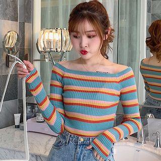 Striped Off-shoulder Long-sleeve Knit Top As Shown In Figure - One Size
