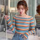 Striped Off-shoulder Long-sleeve Knit Top As Shown In Figure - One Size