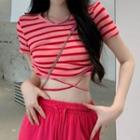 Short-sleeve Striped Strappy Cropped T-shirt / Wide Leg Pants