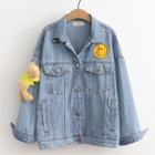 Smiley Face Print Denim Jacket Light Blue - One Size