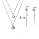 Set: Rhinestone Pendant Layered Necklace + Rhinestone Tassel Drop Earrings + Rhinestone Stud Earrings Silver - One Size