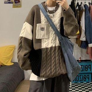 Bear Embroidered Color Block Cable-knit Sweater