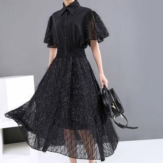 Short-sleeve Fringe Panel Midi A-line Shirtdress