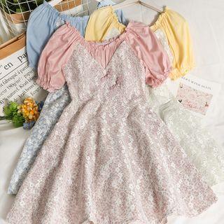 Patchwork Boatneck Colorblock Lace Midi Dress