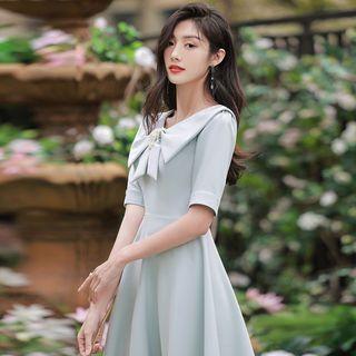 Short-sleeve Bow Faux Pearl Embellished A-line Dress