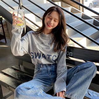 Letter Printed Long-sleeve Sweatshirt Gray - One Size