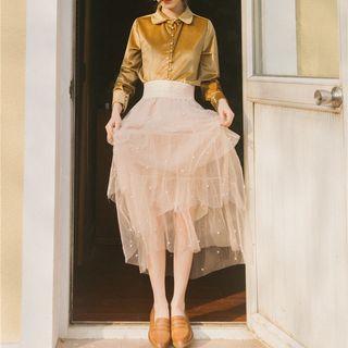 Set: Corduroy Shirt + Faux Pearl Mesh Midi A-line Skirt