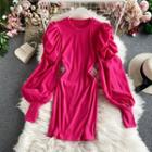 Round-neck Plain Ruched Puff Long-sleeve Dress