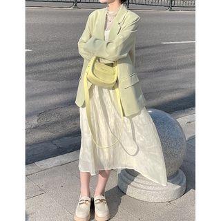 Spaghetti Strap Midi A-line Dress / Single-breasted Blazer / Lace Top