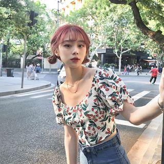 Puff-sleeve Cherry Print Buttoned Cropped Top White - One Size