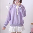 Long Sleeve Sailor Collar Knit Top Violet - One Size