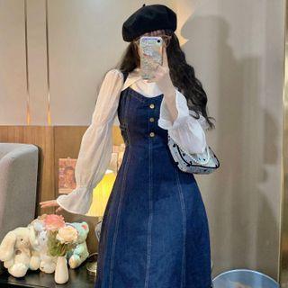 Puff-sleeve Shirt / Midi A-line Denim Overall Dress