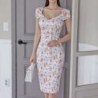Short-sleeve Floral Midi Bodycon Dress