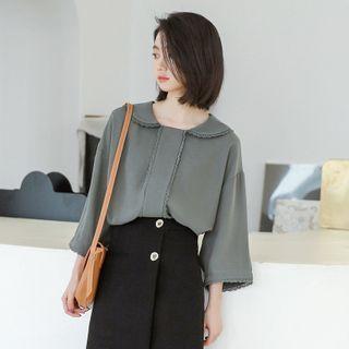 Lace Trim Long-sleeve Blouse Grayish Blue - One Size