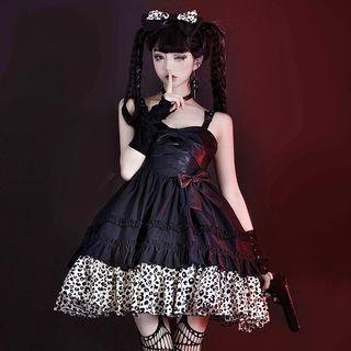 Spaghetti-strap Ribbon Leopard Print Panel A-line Dress / Head Band / Set