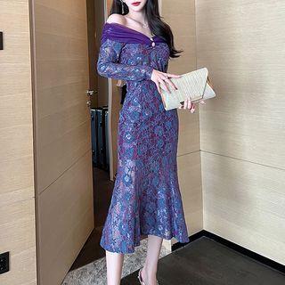 Off-shoulder Lace Ruffle Hem Midi Sheath Dress