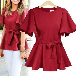Lace Up Short-sleeve Plain Dress