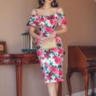 Short-sleeve Cold Shoulder Floral Print Dress