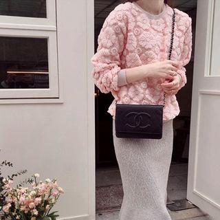 Textured-flower Lace-overlay Pullover