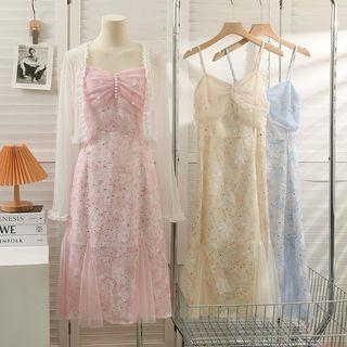 Pearled Mesh-panel Sleeveless Midi Dress