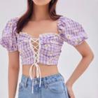 Puff Sleeve Off-shoulder Daisy Print Lace-up Crop Top