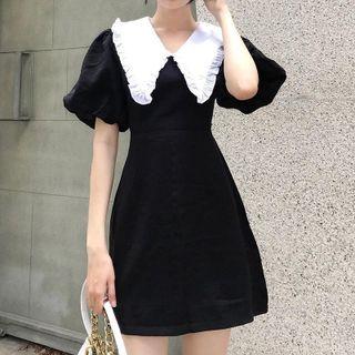 Puff Sleeves Contrast Collar Dress