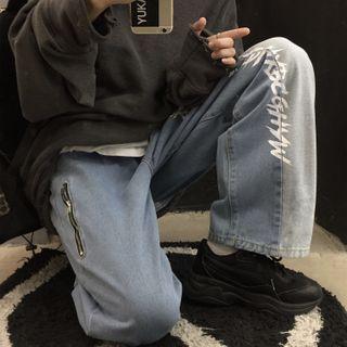 Two-tone Lettering Straight Leg Jeans