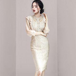 3/4-sleeve Frill Trim Lace Sheath Dress