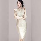 3/4-sleeve Frill Trim Lace Sheath Dress
