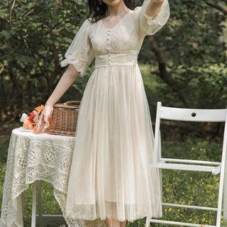 Elbow-sleeve Mesh Midi A-line Dress