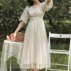 Elbow-sleeve Mesh Midi A-line Dress