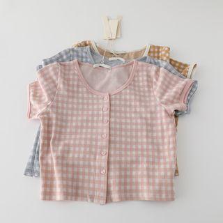 Short-sleeve Gingham Check Button-up Top