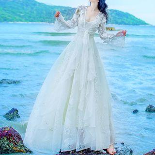 Set: Spaghetti Strap Midi A-line Dress + Lace Jacket