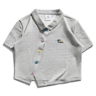 Short-sleeve Button-up Embroidered Top