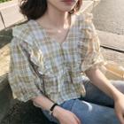 Ruffle Trim Elbow-sleeve Plaid Blouse