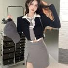 Cropped Cardigan / Shirt / Slit Mini Pencil Skirt