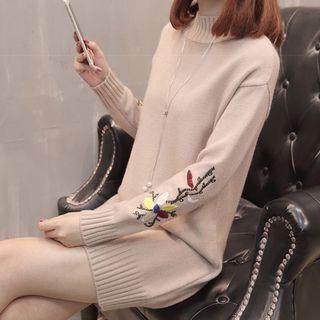 Long-sleeve Floral Embroidery Mini Knit Dress
