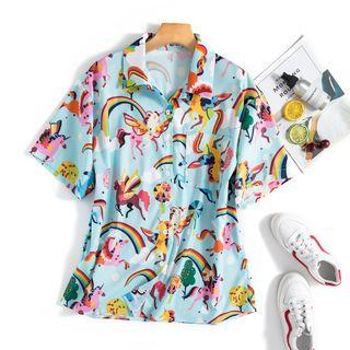 Short Sleeve Print Shirt Light Blue - One Size