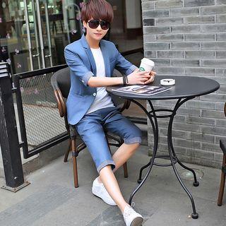 Set: 3/4-sleeve Single-button Blazer + Paneled Cropped Pants