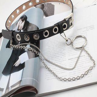 Faux Leather Belt With Chain Black - One Size