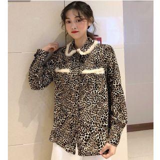 Faux Fur Trim Leopard Print Shirt